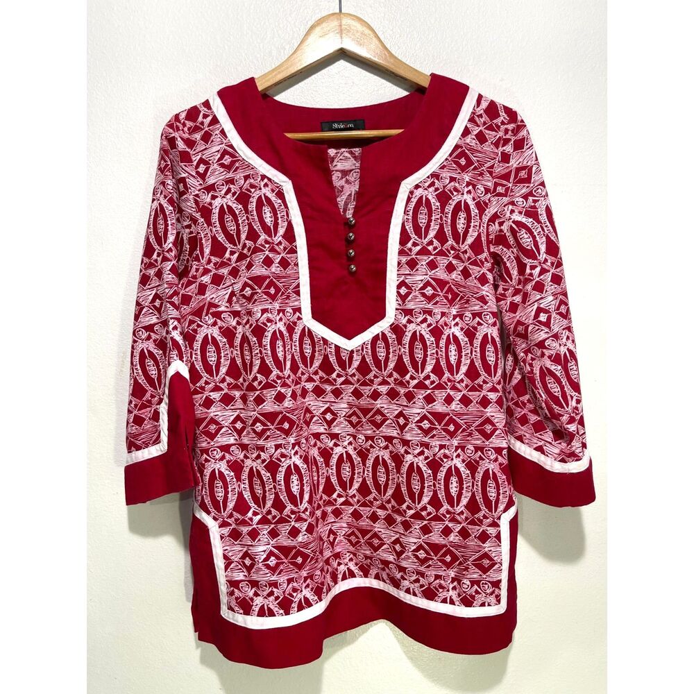 Style & Co 100% linen classic tunic shirt artsy red boho casual fest women 10